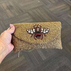 Tiana Brand Gold Beaded Queen Bee Clutch Bag